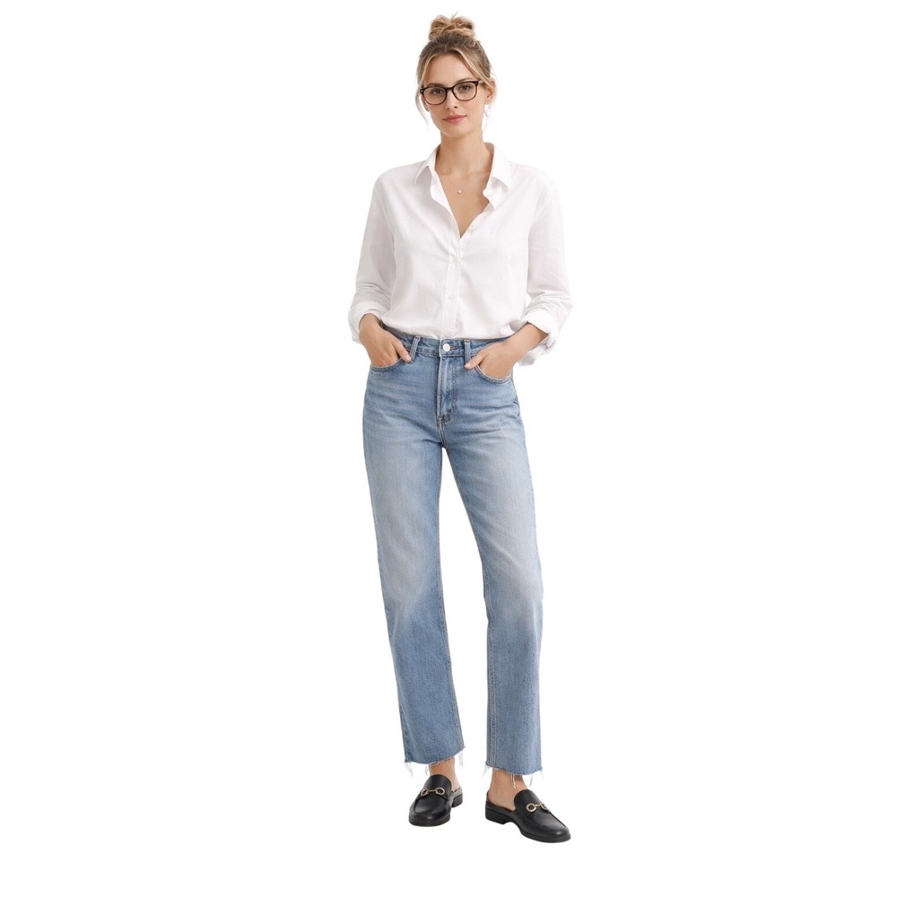 RE/DONE High Rise Straight Leg‎ Jeans Light Stone Wash Raw Hem Size 29